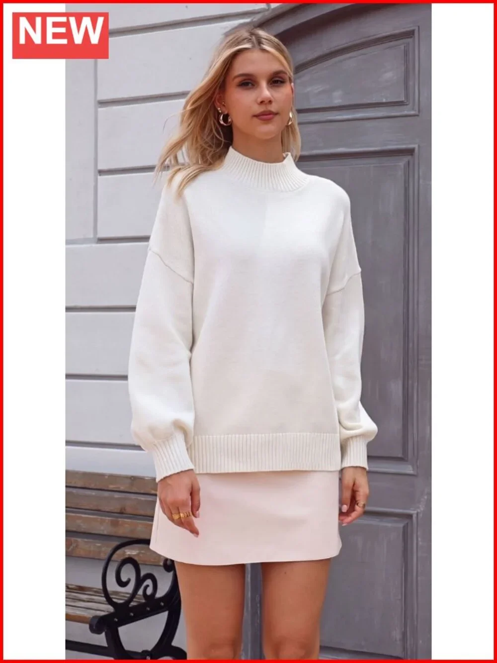 Oversized Mock Neck Pullover Tunic Sweater Long Sleeve Knit